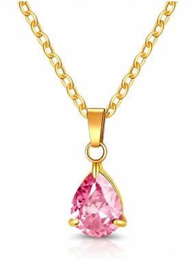 Pink Crystal 18K Gold Plated Teardrop Pendant Stainless Steel Necklace